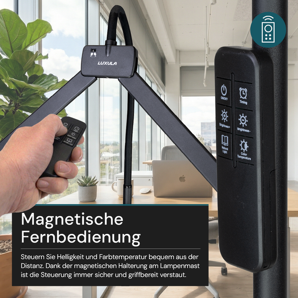 Magnetische Fernbedienung für Schreibtischlampe zur Steuerung von Helligkeit und Farbtemperatur, am Lampenmast befestigt.