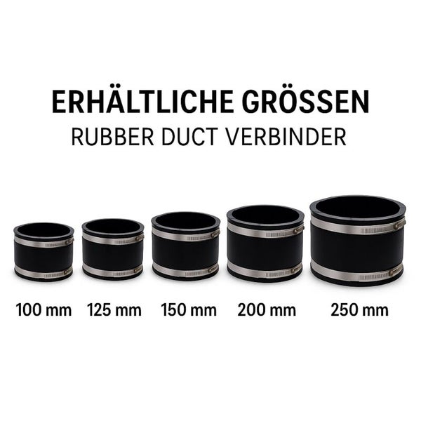Rubber Duct Verbinder aus Gummi mit Metallklemmen in den Größen 100, 125, 150, 200 und 250 Millimeter Durchmesser.
