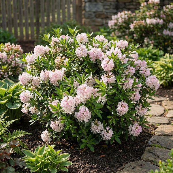Blühender Rhododendron-Strauch mit hellrosa Blüten in einem Gartenbeet mit Rindenmulch neben einem Steinweg.