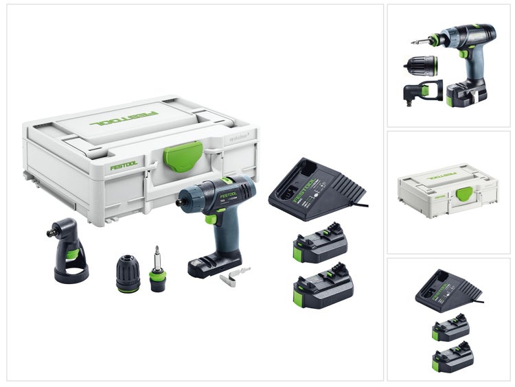 Festool Akku-Bohrschrauber Set TXS mit zwei Akkus, Ladegerät, Winkelvorsatz, Bohrfutter und Systainer.