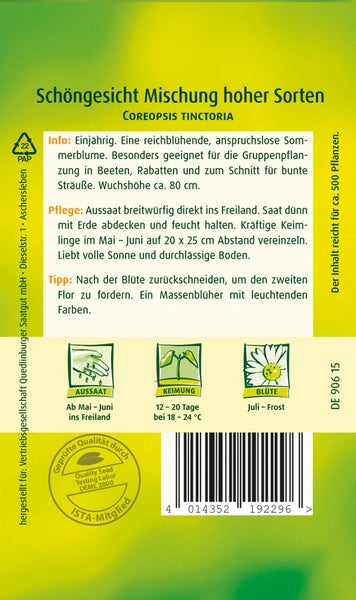 Rückseite einer Samentüte für Schöngesicht Mischung hoher Sorten mit Informationen zu Aussaat, Keimung, Blütezeit, Pflegetipps und einem Barcode.
