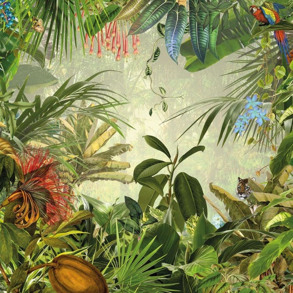 Dschungel-Szene mit verschiedenen Pflanzen, einem Kakao, einem Tiger und einem Papagei