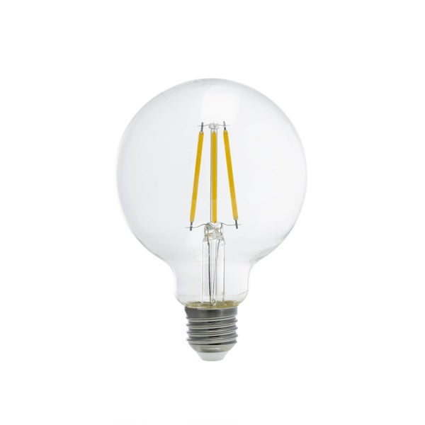 LED-Filament-Leuchtmittel Globe aus klarem Glas mit E27-Sockel.