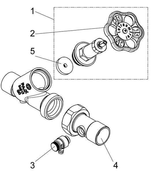 Technische Explosionszeichnung einer Armatur mit nummerierten Einzelteilen wie Handrad, Ventiloberteil, Dichtung und Anschlussstück.