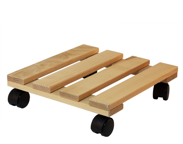 Pflanzenroller aus Holz mit schwarzen Rollen