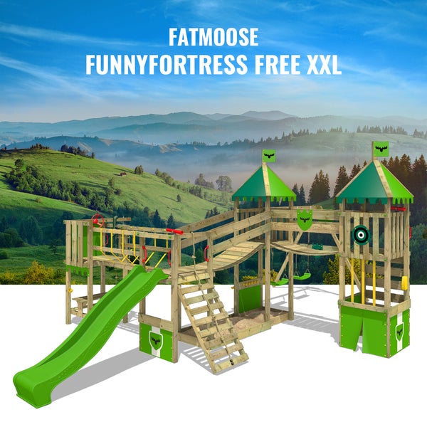 Fatmoose Spielturm Klettergerüst FunnyFortress mit Doppelschaukel, Brücke und Rutsche – apfelgrün