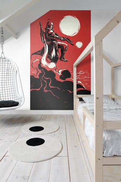 Dekoratives Kinderzimmer mit Star Wars Wandbild, Rundteppich und Holzbett