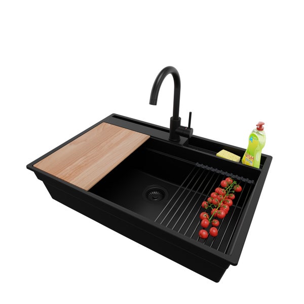 PRIMAGRAN Granitspüle Alles Schwarz 78x53cm, Spülbecken 1 Becken + Küchenarmatur 32x20cm + Ablauf-Set + Küchenzubehörset, Küchenspüle ab 80er Unterschrank - Oslo Pocket