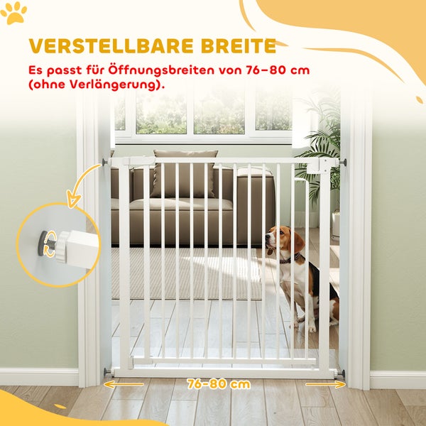 Verstellbares Metall-Schutzgitter für Hunde, Breite 76 bis 80 Zentimeter ohne Verlängerung, inklusive Druckbefestigung.