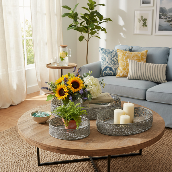 Helles Wohnzimmer mit rundem Holztisch und drei verzierten Metalltabletts mit Blumen, einer Pflanze und Kerzen.