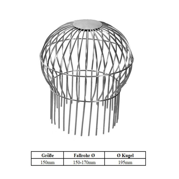 Laubfangkorb aus Metalldraht für Fallrohre mit Durchmesser 150 bis 170 Millimeter, Kugeldurchmesser 195 Millimeter.