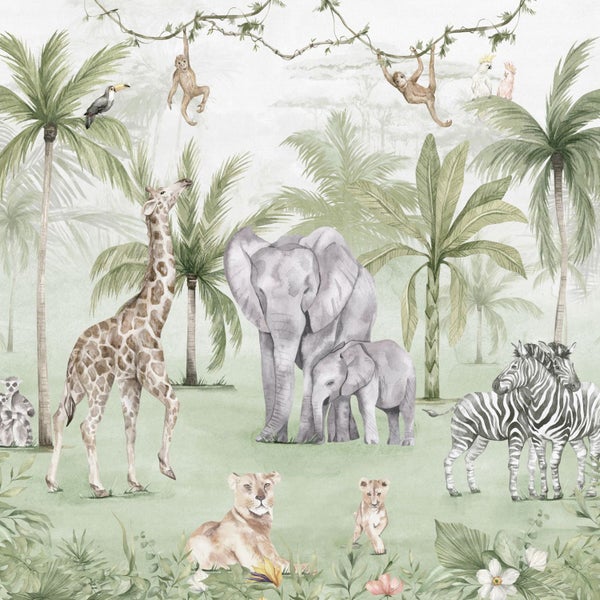 Illustration einer Dschungelszene mit Tieren, darunter Elefanten, Giraffen und Zebras.