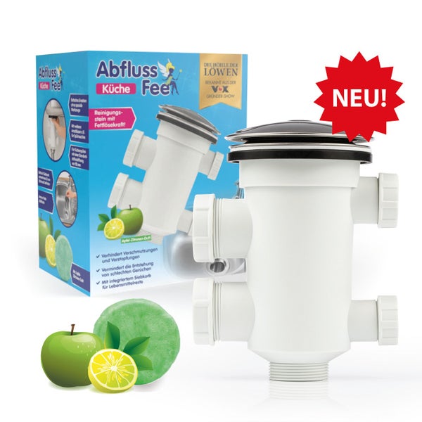Abfluss Fee Siphon für die Küche mit integriertem Reinigungsstein, Apfel-Zitronen-Duft und Die Höhle der Löwen Logo.