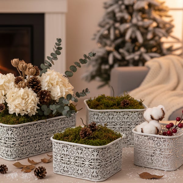 Weiße Metallschalen mit filigranem Muster, gefüllt mit Moos, Tannenzapfen und Blumen vor einem Kamin und Weihnachtsbaum.