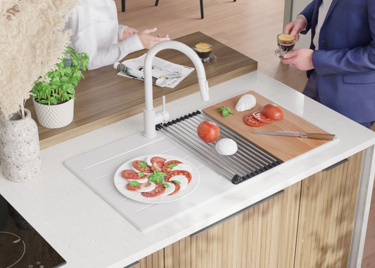 PRIMAGRAN Spülbecken Alles Weiß 90x50cm, Granitspüle 1 Becken + Ablauf-Set + Schneidebrett, Küchenspüle ab 60er Unterschrank - Kopenhagen