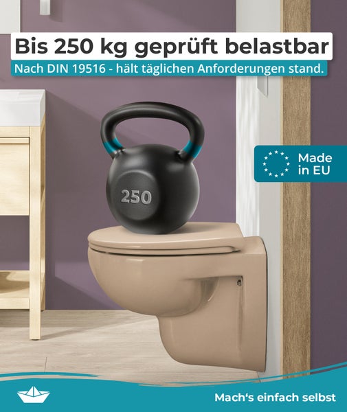 Calmwaters® WC Sitz Original einfache Montage, Premium Toilettendeckel bis 250 kg, Made in EU, antibakterieller Duroplast, Absenkautomatik, 2 Montage Optionen, abnehmbar, Klobrille, oval, Beige-Bahamabeige