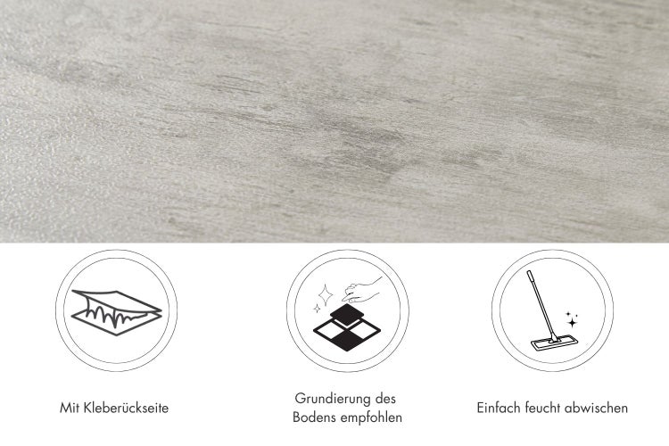 Strukturierte Bodenoberfläche mit Symbolen für selbstklebende Rückseite, empfohlene Grundierung und einfache feuchte Reinigung.