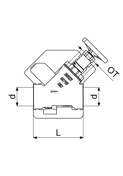 Technische Zeichnung eines Schrägsitzventils mit Maßangaben für die Länge, den Durchmesser und die Höhe.