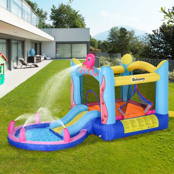 Outsunny Aufblasbare Hüpfburg mit Rutsche Springburg Spielburg Wasserpark für Kinder Trampolin aufblasbar Wasserrutsche Pool für 3-8 Jahre Oktopus-Muster Oxfordstoff 360 x 175 x 180 cm