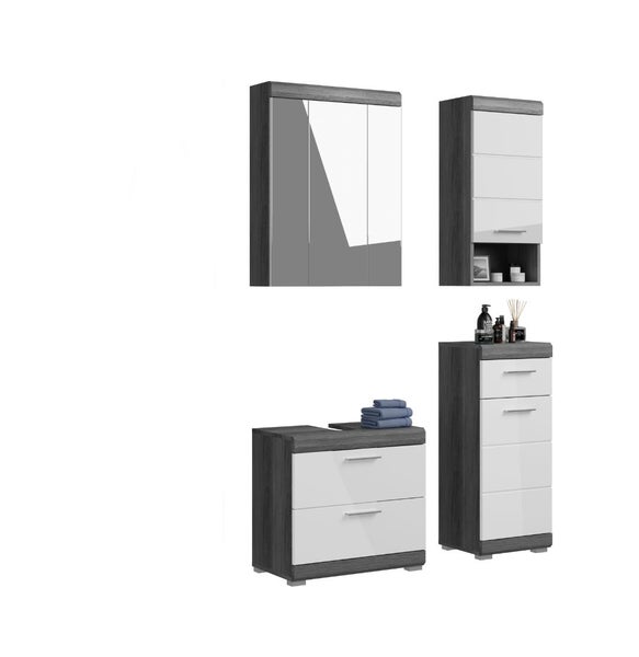 Modernes Badezimmermöbel-Set in dunkler Holzoptik mit weißen Hochglanz-Fronten, bestehend aus Spiegelschrank, Hängeschrank und zwei Unterschränken.