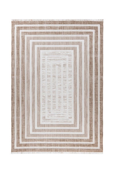 Rechteckiger Teppich in Braun und Weiß mit geometrischem Rahmenmuster, Flachgewebe und Fransen.