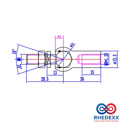 Technische Zeichnung eines Kugelgelenks mit Maßangaben in Millimeter und Grad sowie RHEDEXX Logo.