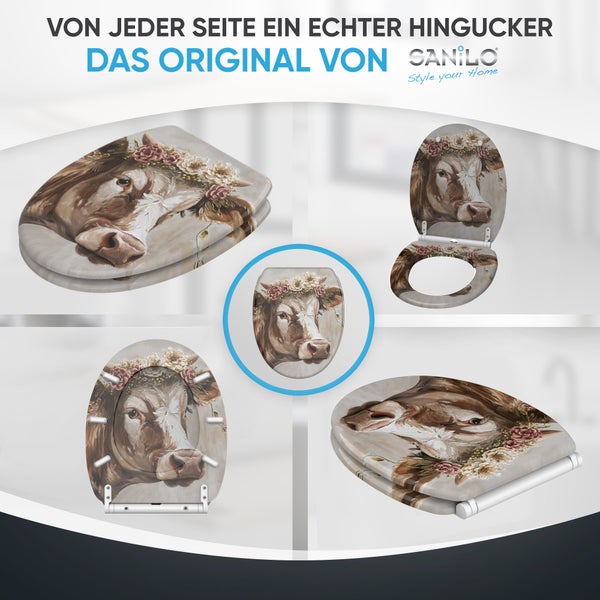 Verschiedene Ansichten eines WC-Sitzes mit Kuh-Motiv von Sanilo