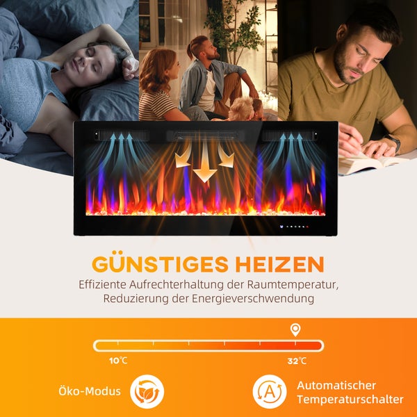 Wandmontierter elektrischer Kamin mit simulierten Flammen, inklusive Montagezubehör.
