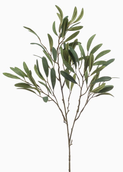 Künstlicher Olivenzweig mit grünen Blättern und braunem Stiel für die Dekoration.