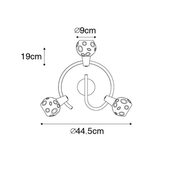 Technische Zeichnung einer Deckenleuchte mit drei Armen, Durchmesser 44,5 cm, Höhe 19 cm, Lampenschirmdurchmesser 9 cm