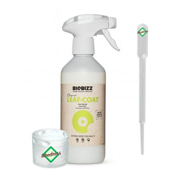 Biobizz Leaf Coat Pflanzenschutzmittel in der Sprühflasche mit Weedness Messbecher und Pipette.