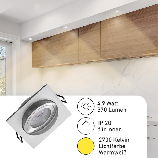Quadratischer LED Einbaustrahler in Metalloptik mit 4,9 Watt, 370 Lumen und warmweißer Lichtfarbe von 2700 Kelvin für den Innenbereich
