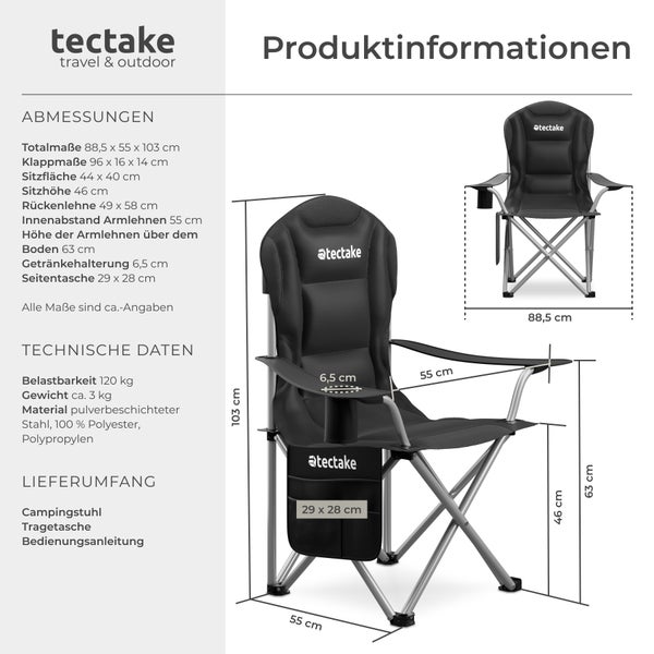 Gepolsterter Campingstuhl tectake MTX 88,5 x 55 x 103 cm, Belastbarkeit 120 kg faltbar, inkl. Tragetasche schwarz