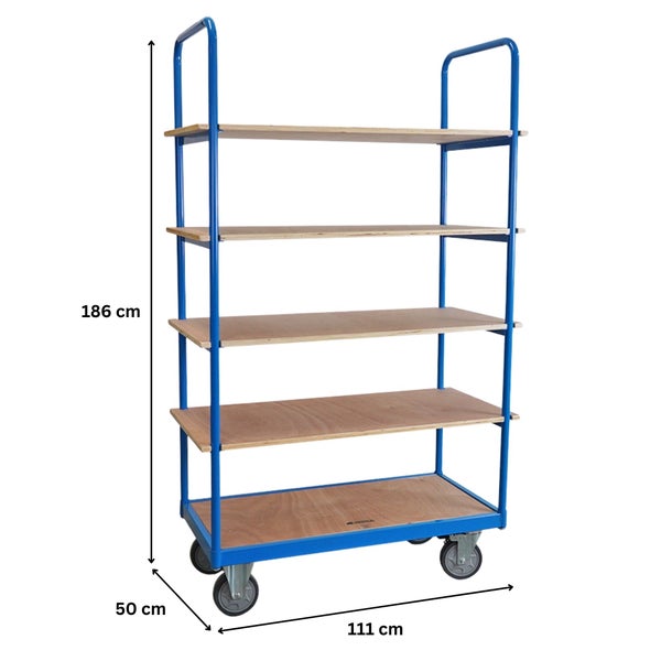 Transportwagen mit vier Holzablagen und blauen Griffen