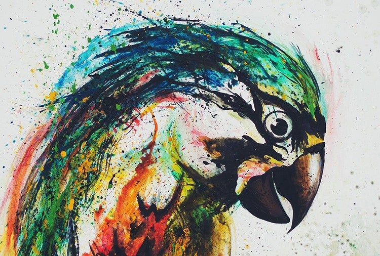 Wandbild mit abstraktem Papageien-Motiv in farbenfroher Aquarell-Optik mit kunstvollen Farbspritzern.