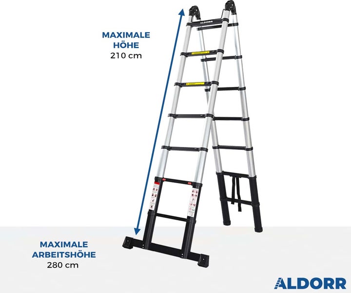 ALDORR Professional - Teleskop-Klappleiter 2,20M+2,20M - Mehrzweckleiter - Belastbarkeit bis zu 150kg - Soft-Close-System