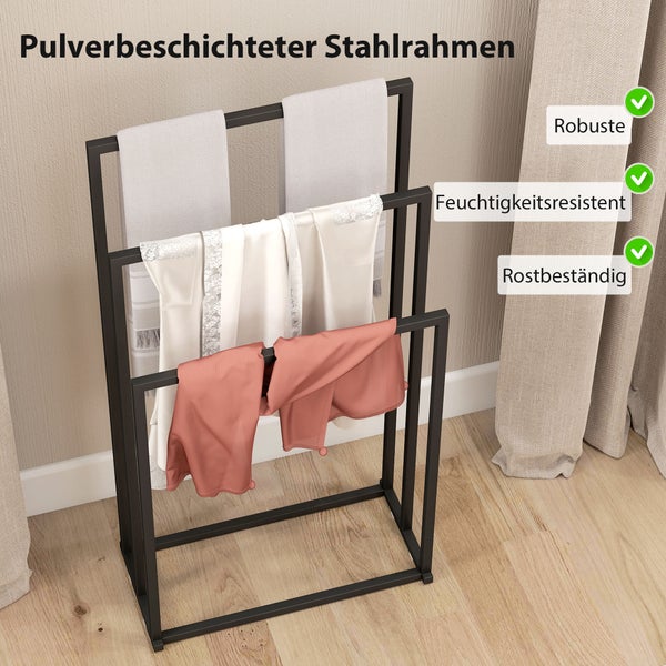 Freistehender Handtuchhalter aus schwarzem pulverbeschichtetem Stahl mit drei Stangen, robust, feuchtigkeitsresistent und rostbeständig.