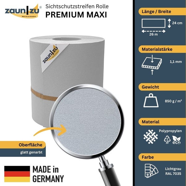 Zaun zu Sichtschutzstreifen Rolle Premium Maxi aus Polypropylen, 26 Meter lang, 24 Zentimeter breit, circa 1,1 Millimeter stark und glatt genarbt