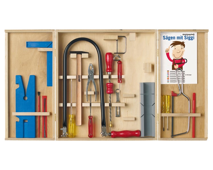 Holz Werkzeugkoffer für Kinder mit Laubsäge, Hammer, Schraubendrehern, Gehrungslade, Zwinge und Anleitung zum Basteln und Werken.