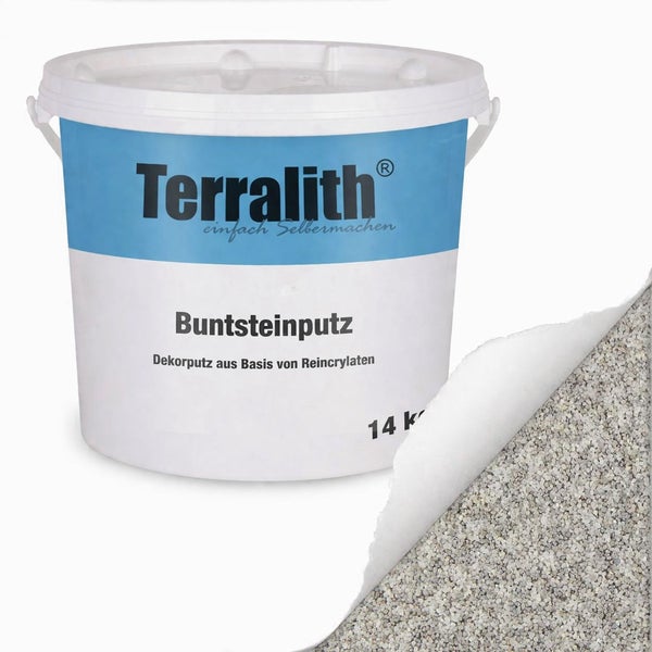 Terralith Buntsteinputz 14 Kilogramm Eimer mit Ansicht der Oberflächenstruktur.