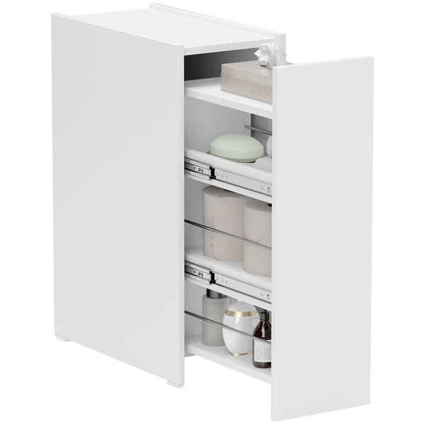 HOMCOM Nischenschrank Badezimmerschrank schmal, Toilettenschrank mit Rad, Schublade inkl. 3 tiefe Fächer, Beistellschrank Badschrank für kleine Räume, Wohnzimmer, Badezimmer, 47 x 25 x 66,5 cm Weiß