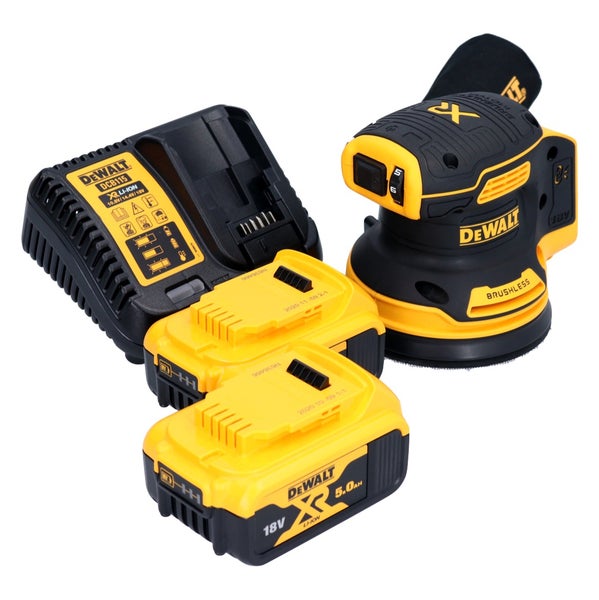 DeWalt Akku Exzenterschleifer mit zwei 18 Volt 5.0 Amperestunden Akkus und Ladegerät