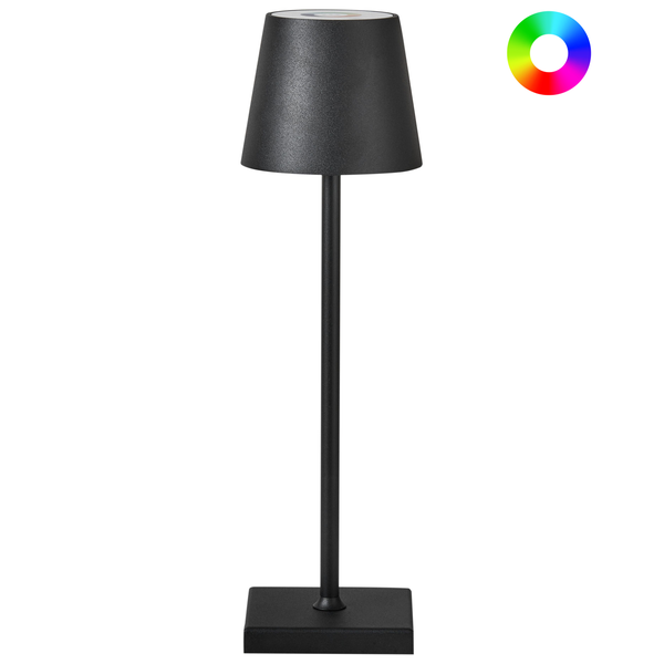 Schwarze Tischleuchte mit quadratischem Fuß, schlankem Stab und konischem Schirm, inklusive RGB-Farbsteuerung für einstellbare Lichtfarben.
