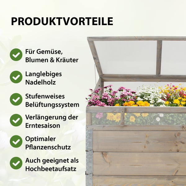 Produktvorteile eines Frühbeetaufsatzes aus Holz mit Gemüse, Blumen und Kräutern.