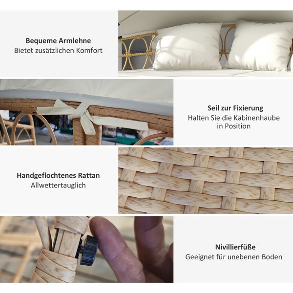 Outsunny Sonneninsel, 4-tlg. Muschel Gartenmöbel-Set mit klappbarem Verdeck, Zweisitzer, Bank, Couchtisch, Gartenlounge Set, Sitzgruppe für Outdoor, Creme