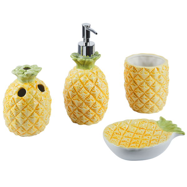 Badezimmer-Set Ananas mit Seifenspender, Zahnputzbecher, Seifenschale und Zahnbürstenhalter