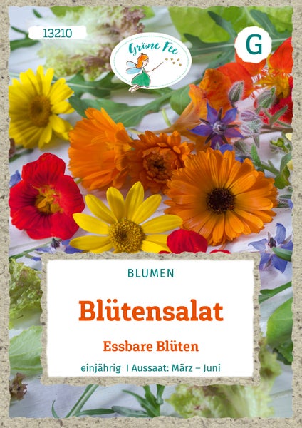 Samentüte Grüne Fee Blütensalat mit essbaren Blüten, einjährig, Aussaat von März bis Juni. Grüne Fee Logo.
