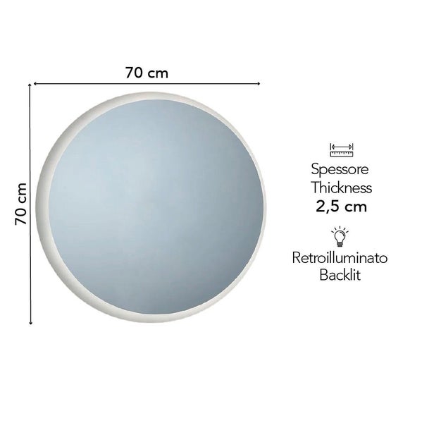Runder Wandspiegel mit Hintergrundbeleuchtung, Durchmesser 70 Zentimeter, Tiefe 2,5 Zentimeter.