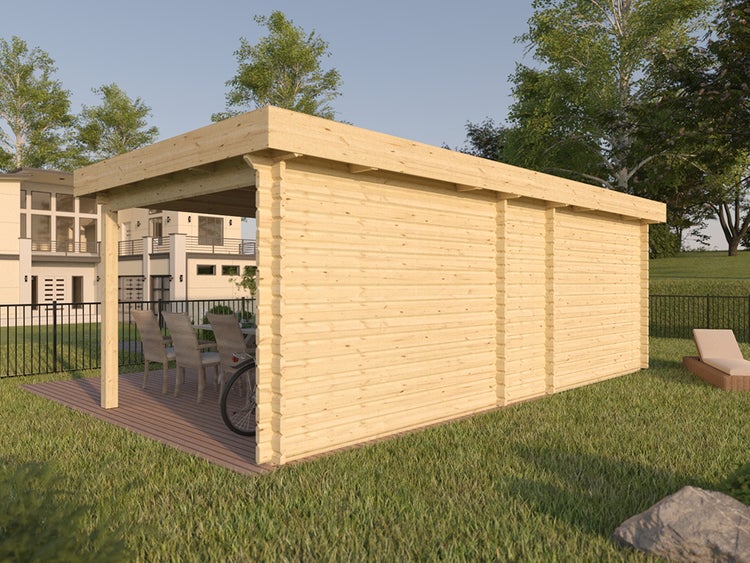Gartenpavillon aus Holz mit Flachdach, Rückwand und Seitenwand, eingerichtet mit Sitzgruppe auf Holzdeck im Garten.
