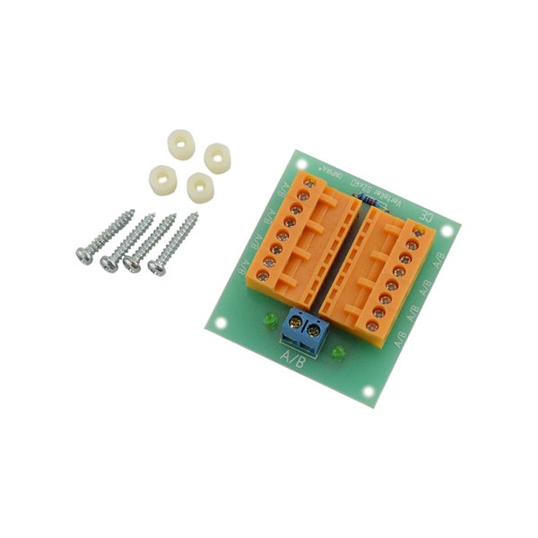 Elektronischer Verteiler S2x4D auf Leiterplatte mit Anschlussklemmen, Montageschrauben und Abstandshaltern